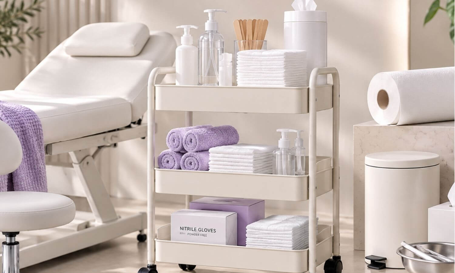 white beauty bed and white trolly with product on it, towels and lotions